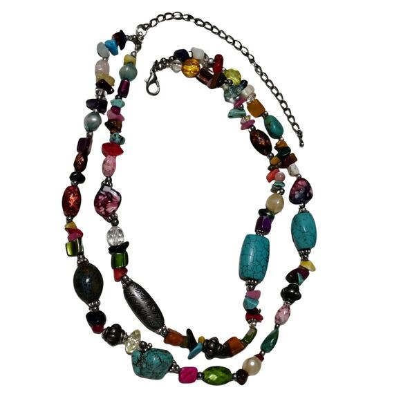 Boho  Turquoise Rose Quartz Semi-Precious Stones Double Strand Beaded Necklace - Picture 5 of 8